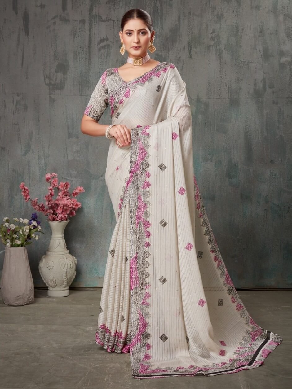 Time to Shine with Off White Chiffon Saree With Matching Blouse Piece