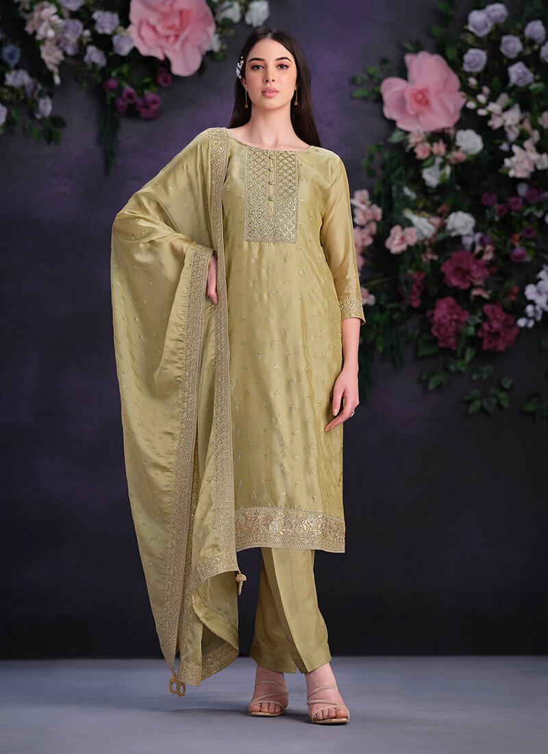 Beige Embroidered Shimmer Organza Semi Stitched Salwar Kameez Set