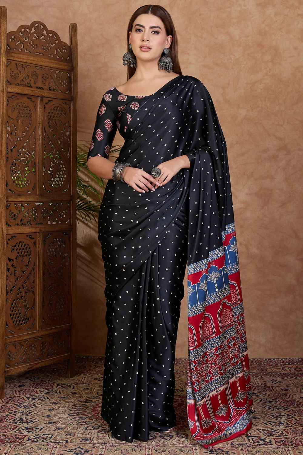 Black Semi Modal Saree With Blouse Piece