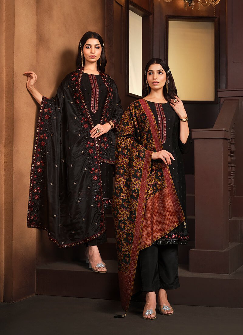 Black Embroidered Chinnon Semi Stitched Salwar Kameez Set With Double Dupatta