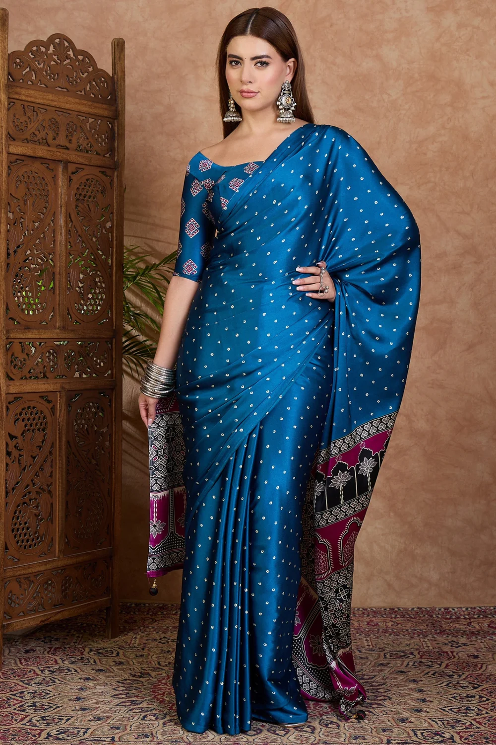 Peacock Blue Semi Modal Saree With Blouse Piece