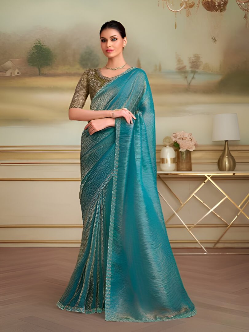 Blue Georgette Saree With Contrast Blouse