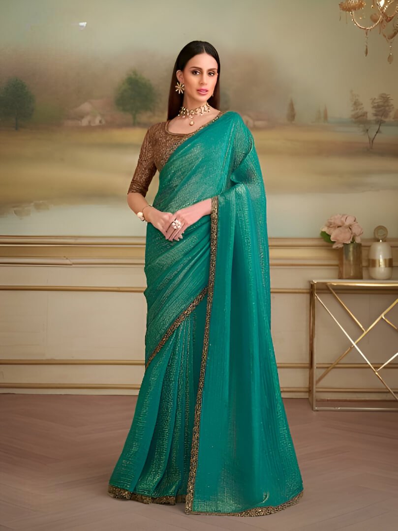 Sea Green Georgette Saree With Contrast Blouse