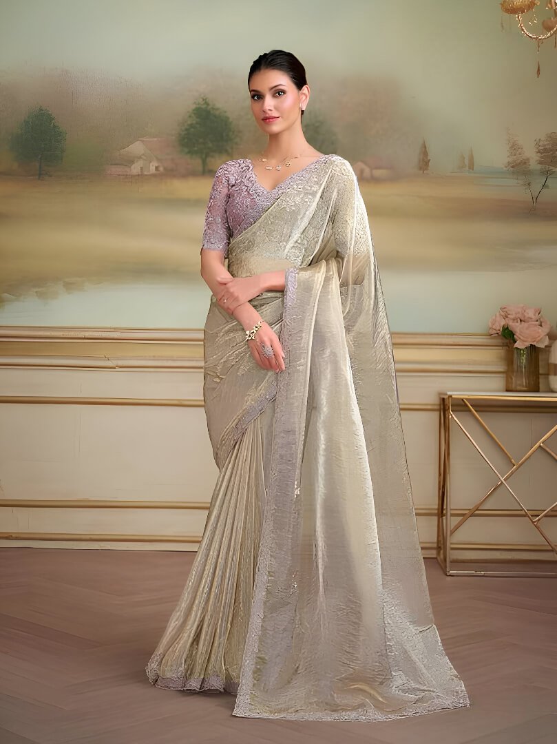Ivory Georgette Saree With Contrast Blouse