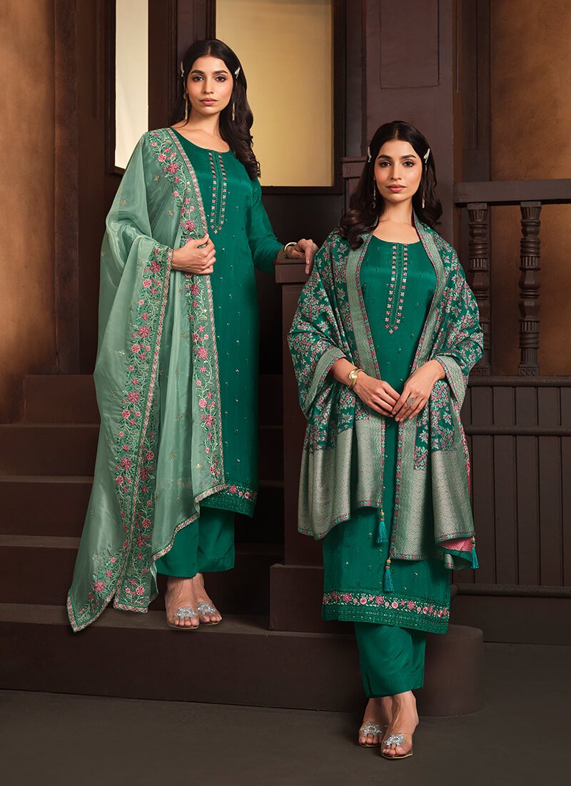 Green Embroidered Chinnon Semi Stitched Salwar Kameez Set With Double Dupatta