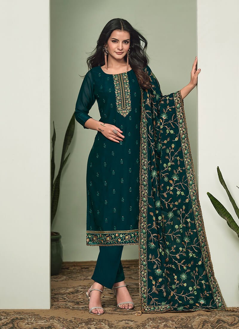 Green Embroidered Georgette Semi Stitched Salwar Kameez Set