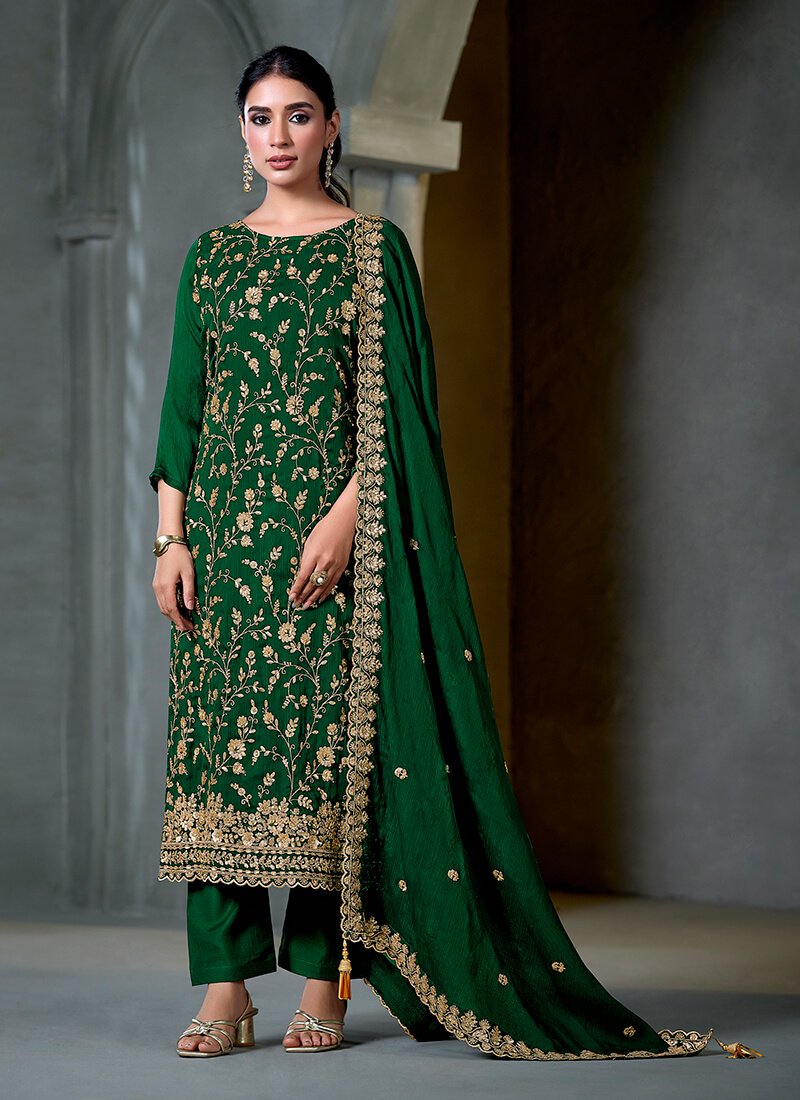 Green Hand Work Embroidered Satin Chiffon Semi Stitched Salwar Kameez Set