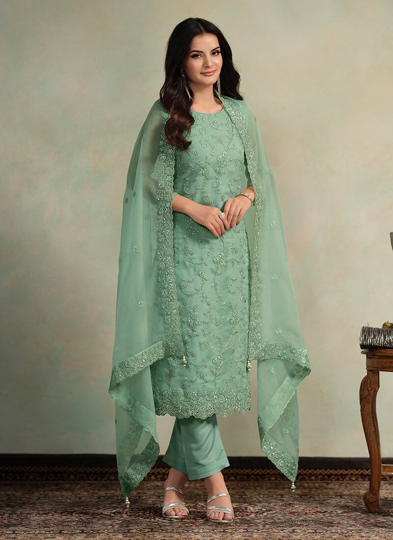 Green Embroidered Organza Chiffon Semi Stitched Salwar Kameez Set