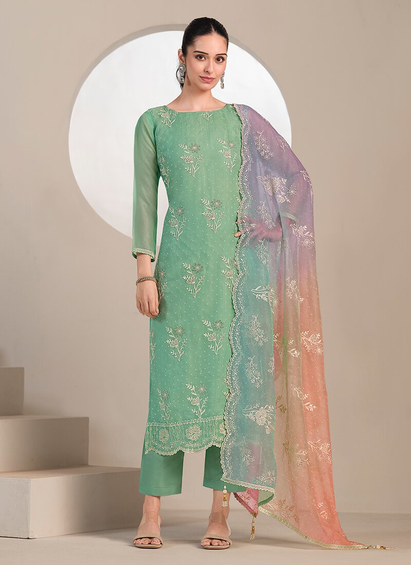 Green Embroidered Organza Semi Stitched Salwar Kameez Set