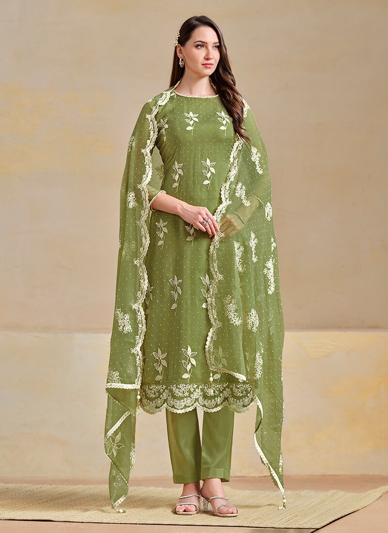 Green Embroidered Organza Chiffon Semi Stitched Salwar Kameez Set