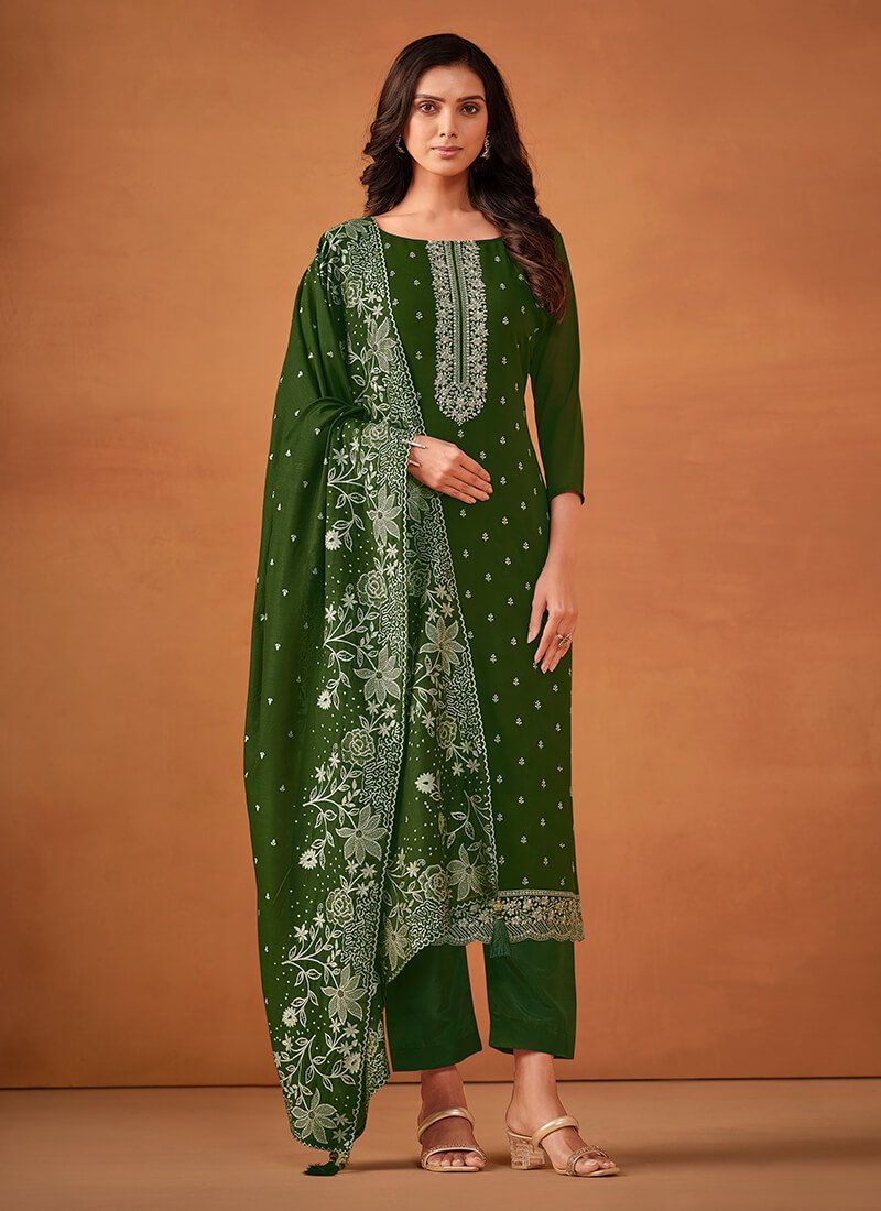 Green Embroidered Georgette Semi Stitched Salwar Kameez Set