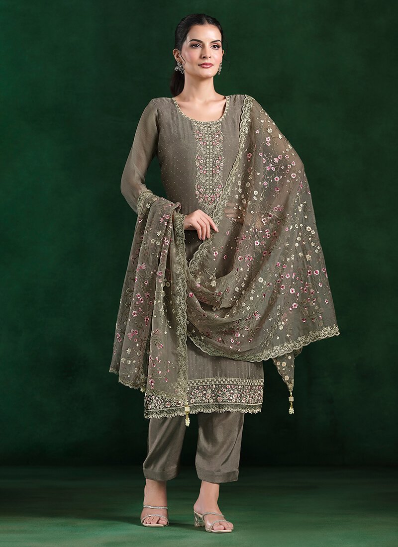 Grey Embroidered Chiffon Semi Stitched Salwar Kameez Set