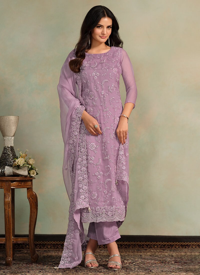 Lavender Embroidered Organza Chiffon Semi Stitched Salwar Kameez Set