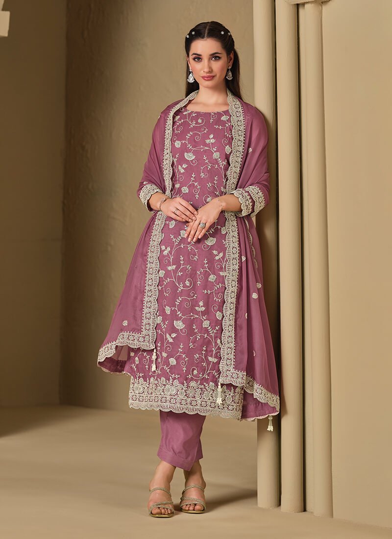 Light Mauve Embroidered Swarovski Organza Semi Stitched Salwar Kameez Set