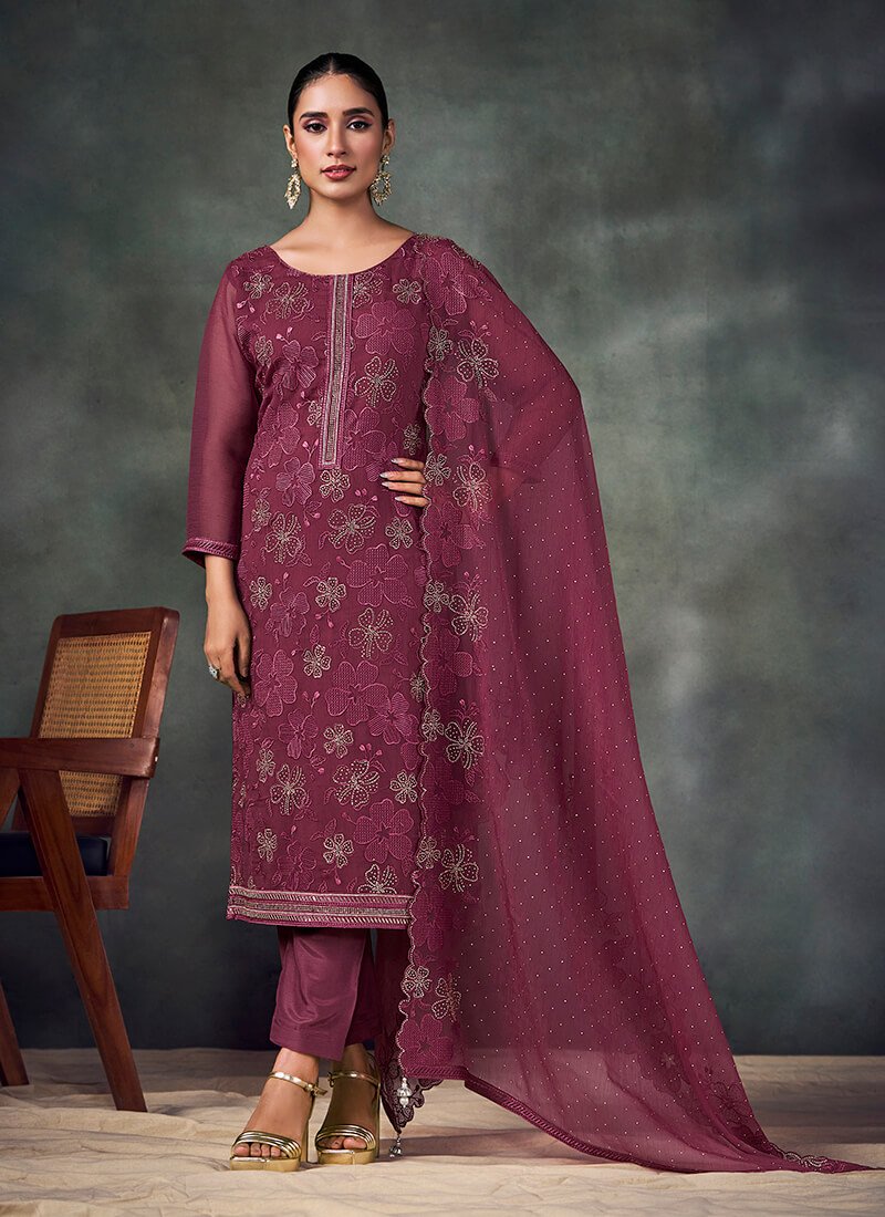 Maroon Embroidered Chiffon Semi Stitched Salwar Kameez Set