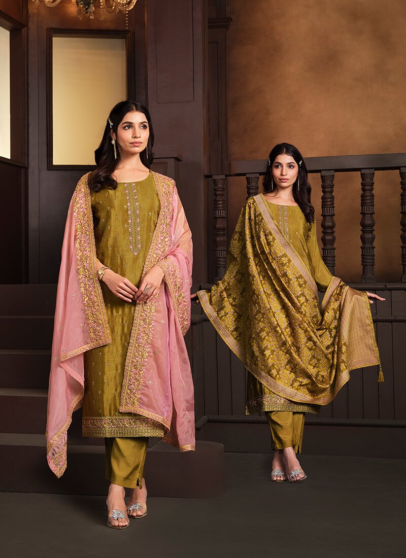 Mustard Embroidered Chinnon Semi Stitched Salwar Kameez Set With Double Dupatta