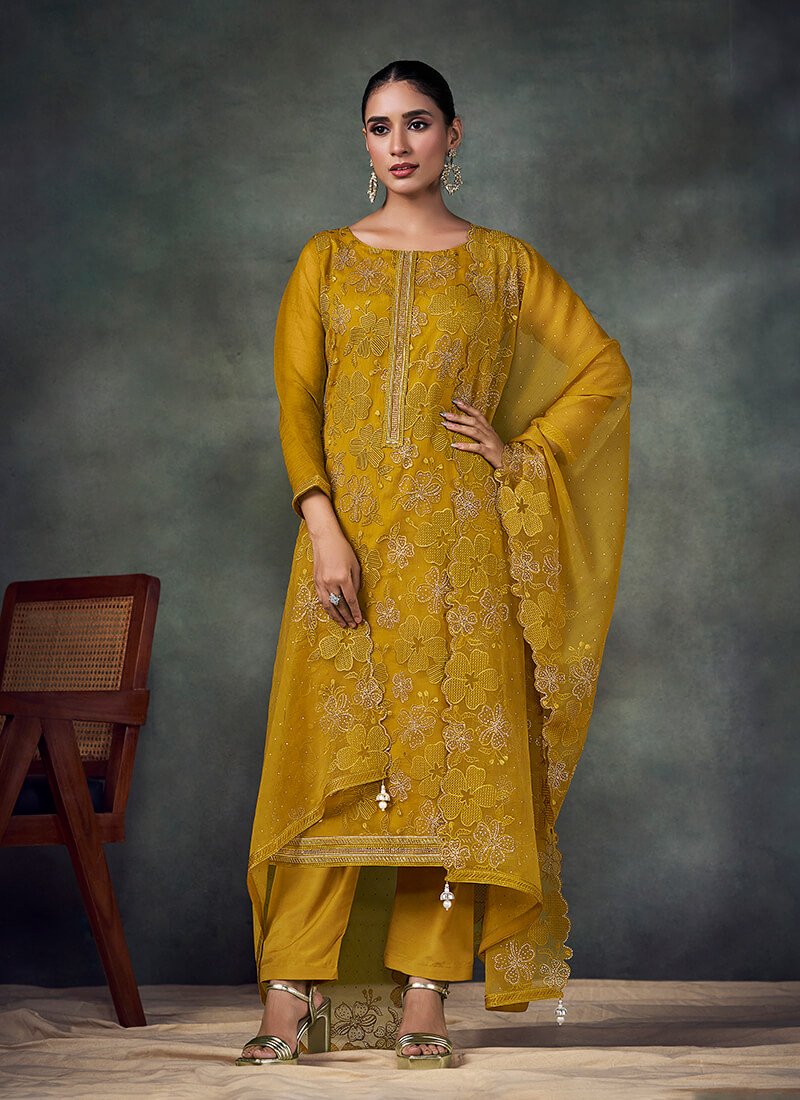 Mustard Embroidered Chiffon Semi Stitched Salwar Kameez Set