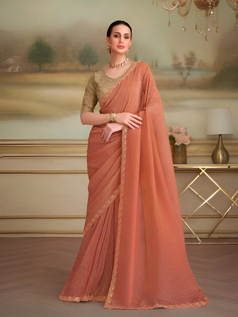 Rust Orange Georgette Saree With Contrast Blouse