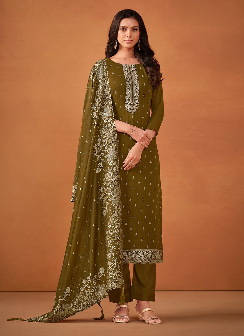 Olive Green Embroidered Georgette Semi Stitched Salwar Kameez Set