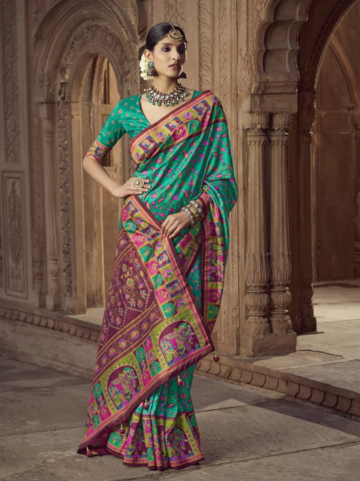 Green Pashmina Printed Viscose Silk Saree With Blouse