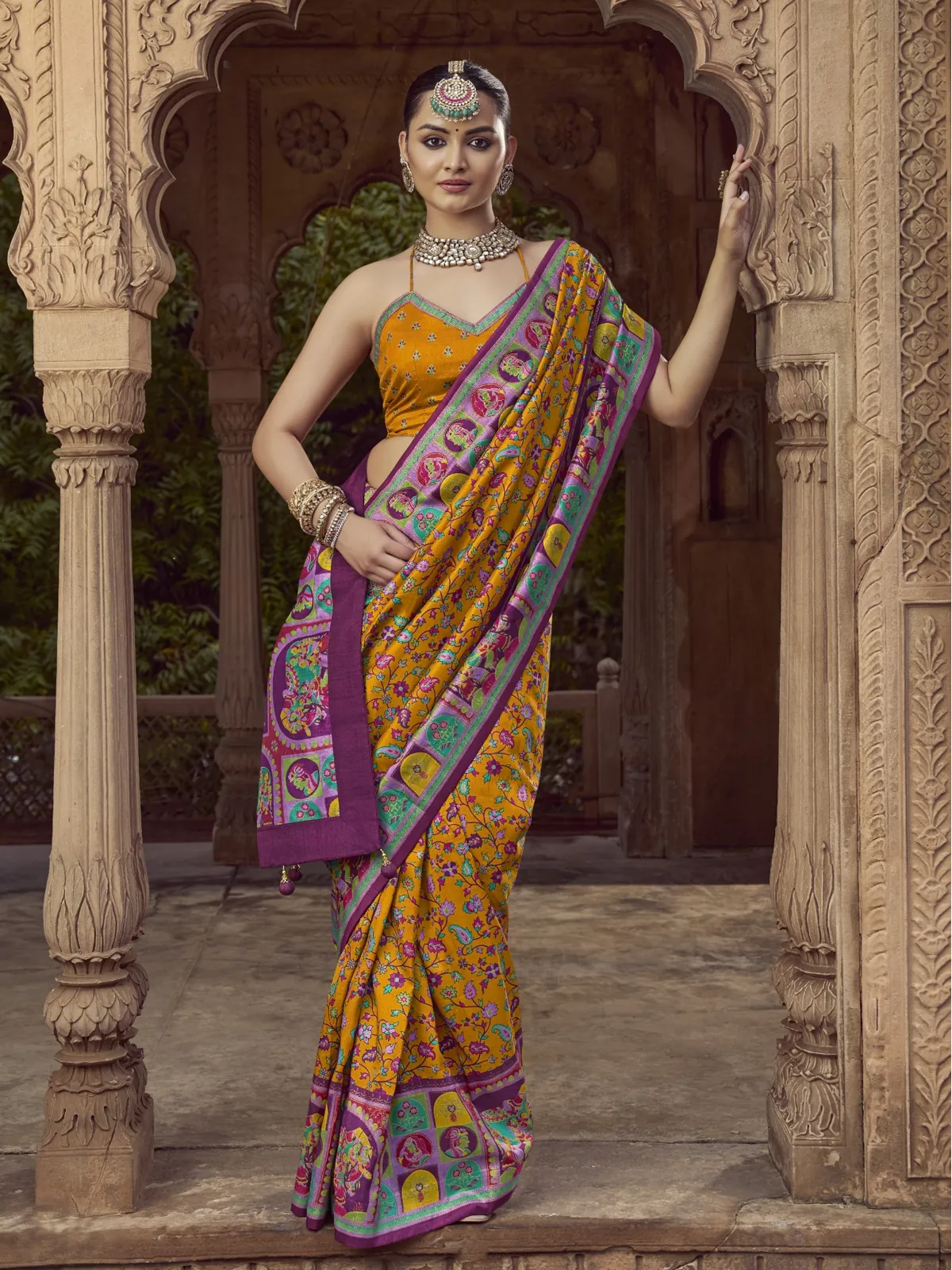 Yellow Pashmina Printed Viscose Silk Saree With Blouse