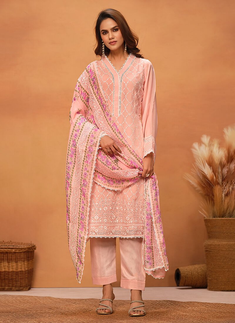 Peach Chikankari Viscose Organza Semi Stitched Salwar Kameez Set