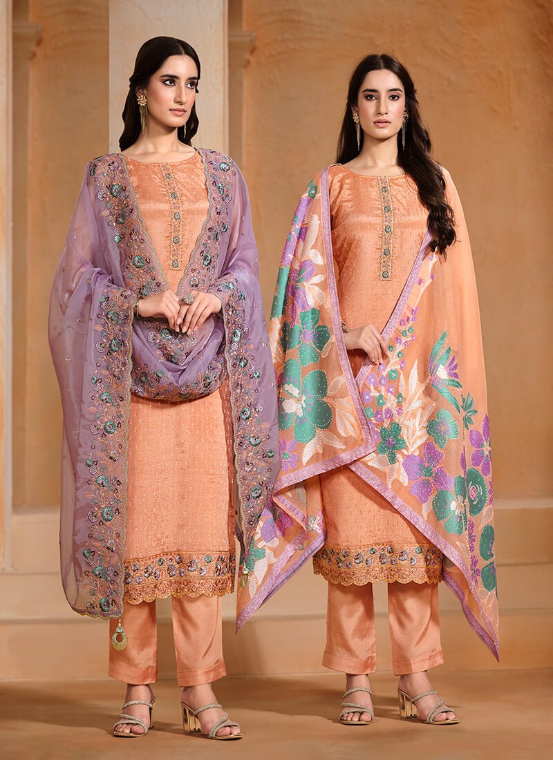 Peach Embroidered Chinnon Semi Stitched Salwar Kameez Set With Double Dupatta