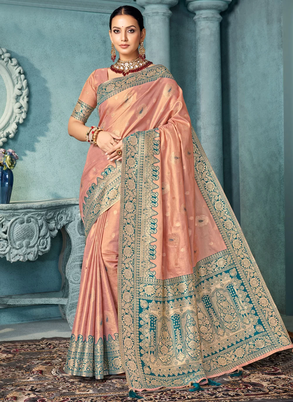 Peach Silk Saree With Weaving Work