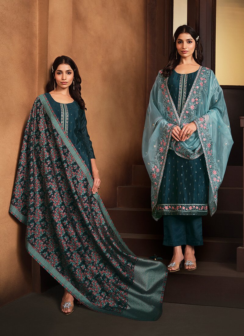 Kerosene Blue Embroidered Chinnon Semi Stitched Salwar Kameez Set With Double Dupatta