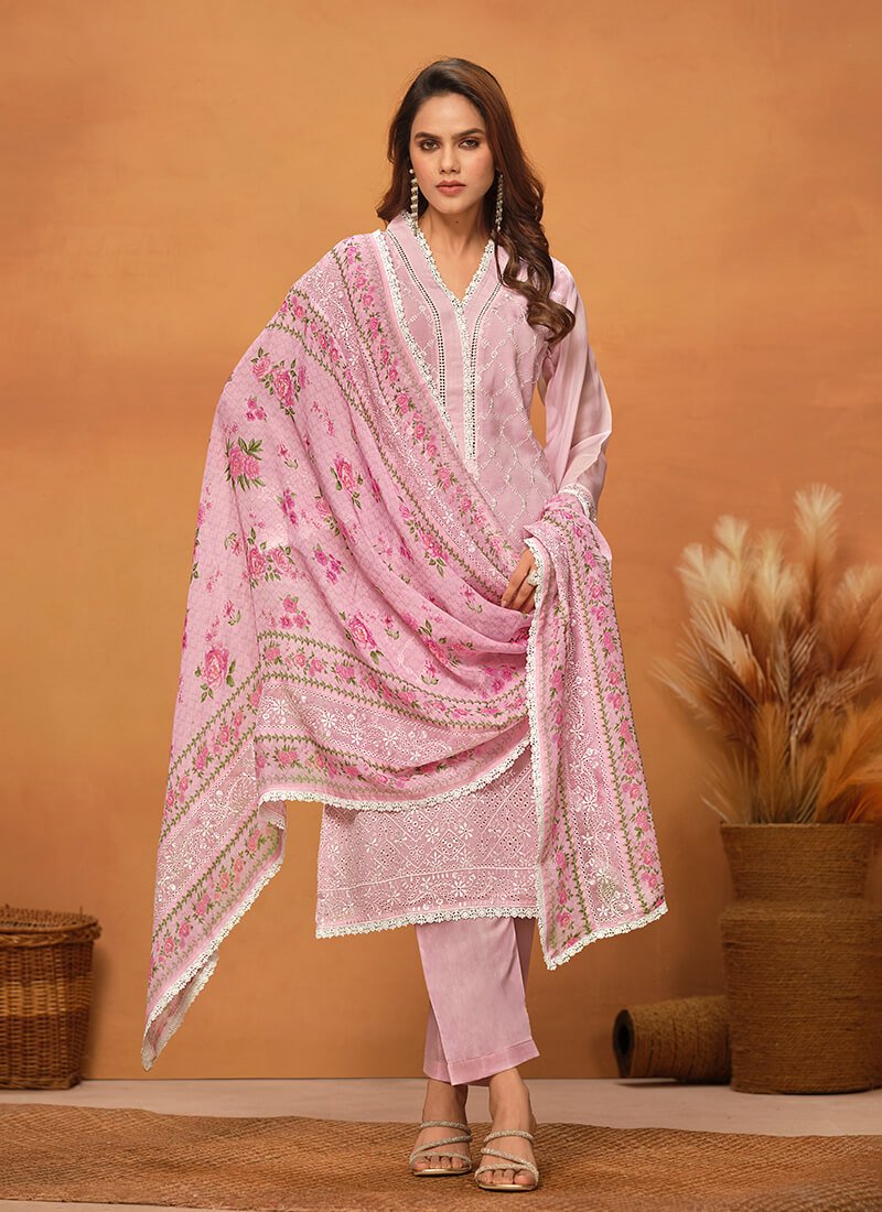 Pink Chikankari Viscose Organza Semi Stitched Salwar Kameez Set