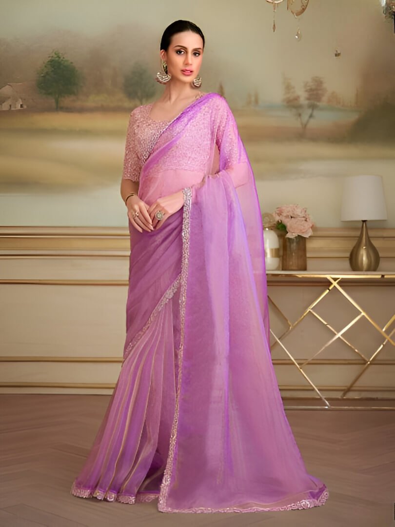 Pink Georgette Saree With Contrast Blouse