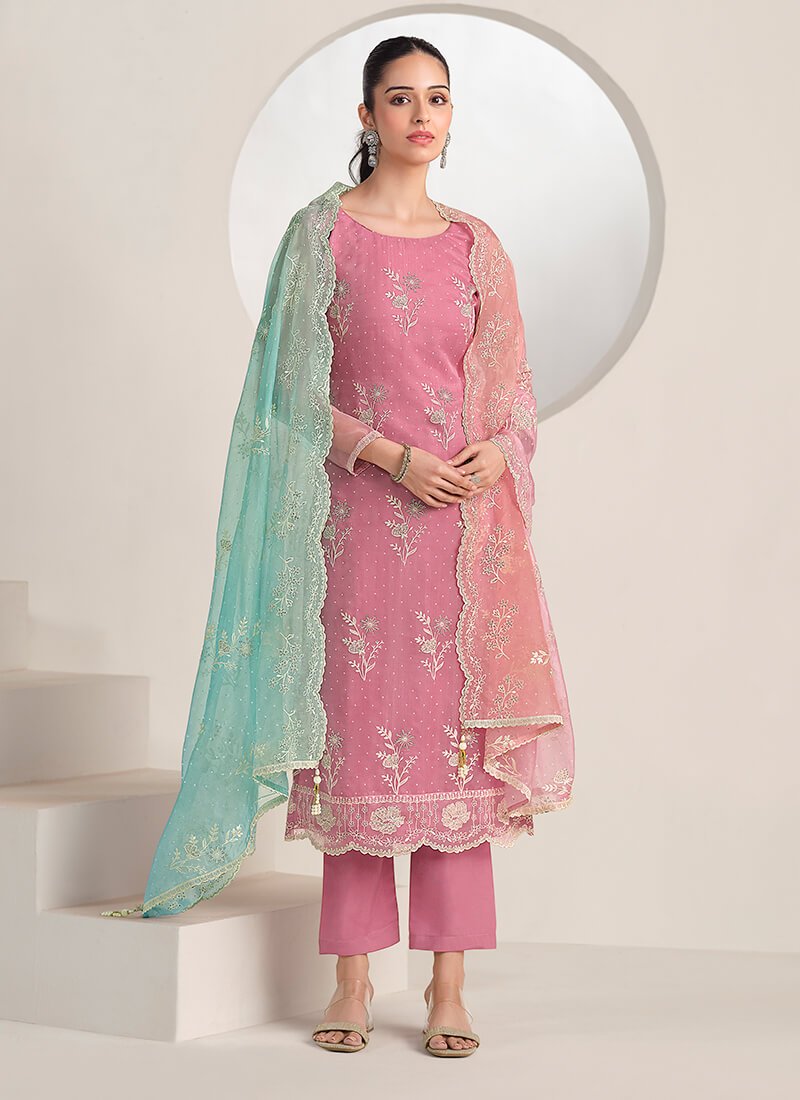 Pink Embroidered Organza Semi Stitched Salwar Kameez Set