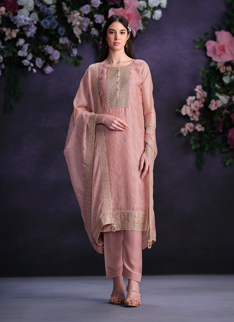 Pink Embroidered Shimmer Organza Semi Stitched Salwar Kameez Set