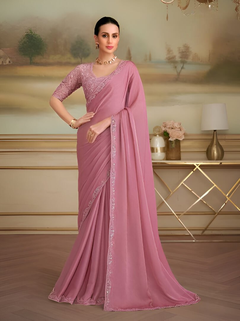 Onion Pink Georgette Saree With Contrast Blouse