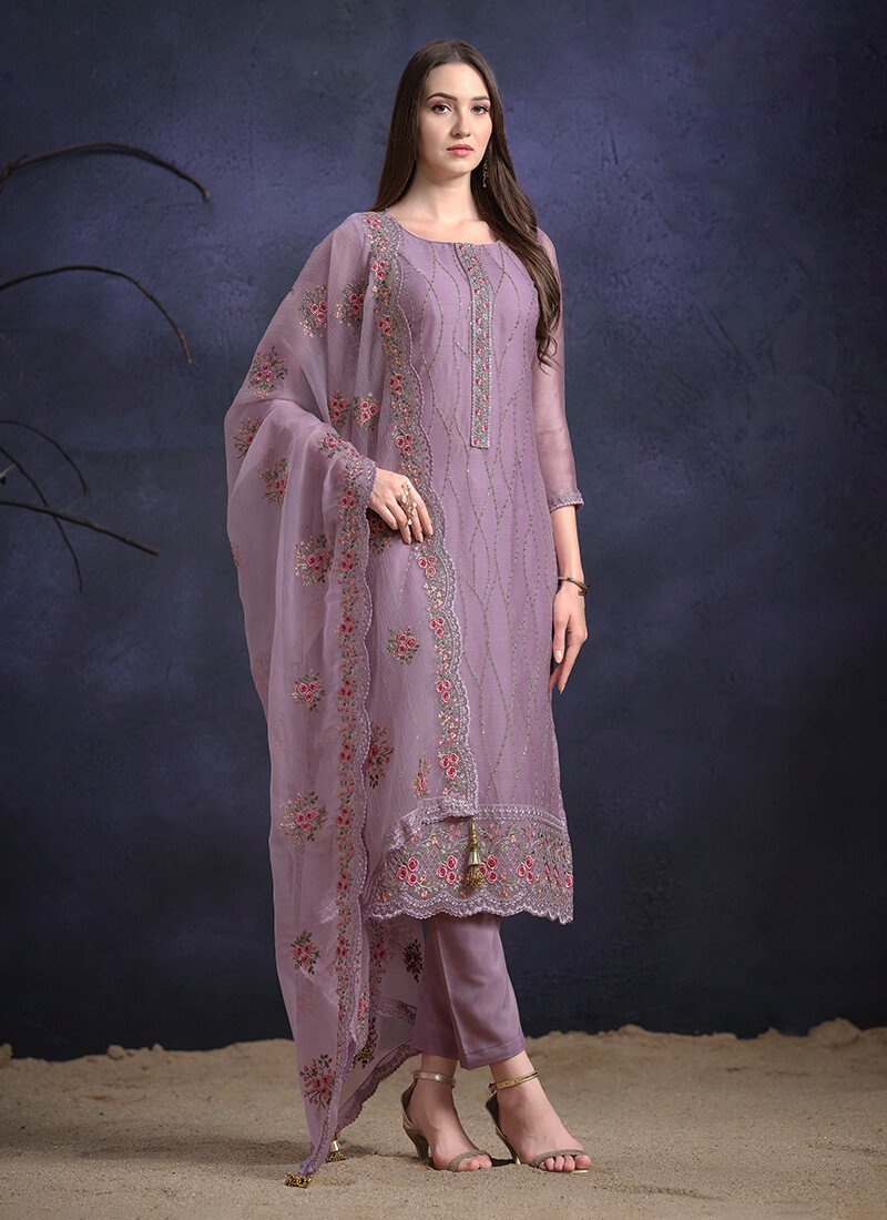 Purple Embroidered Organza Chiffon Semi Stitched Salwar Kameez Set