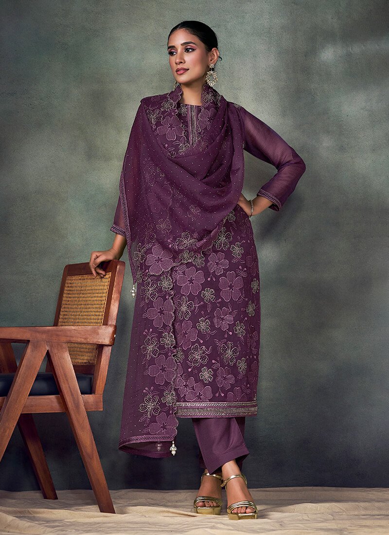 Purple Embroidered Chiffon Semi Stitched Salwar Kameez Set