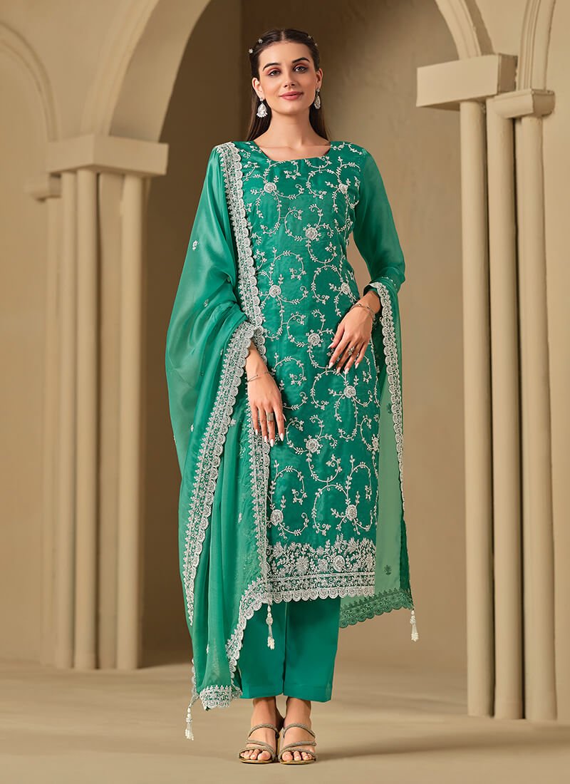 Rama Green Embroidered Swarovski Organza Semi Stitched Salwar Kameez Set