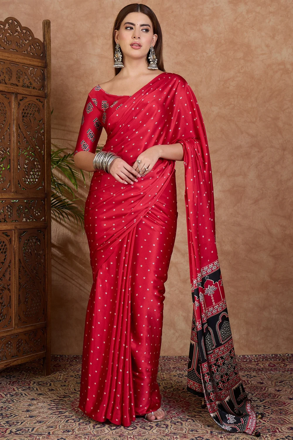 Red Semi Modal Saree With Blouse Piece
