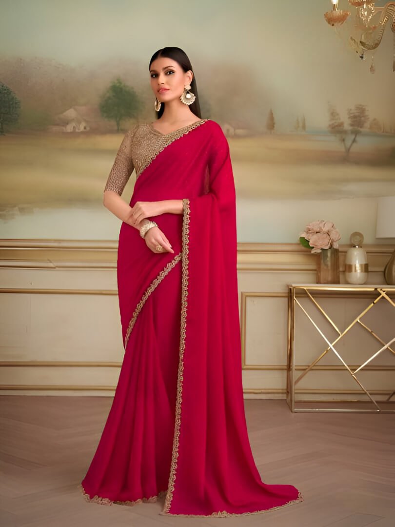 Cherry Red Georgette  Saree With Contrast Blouse