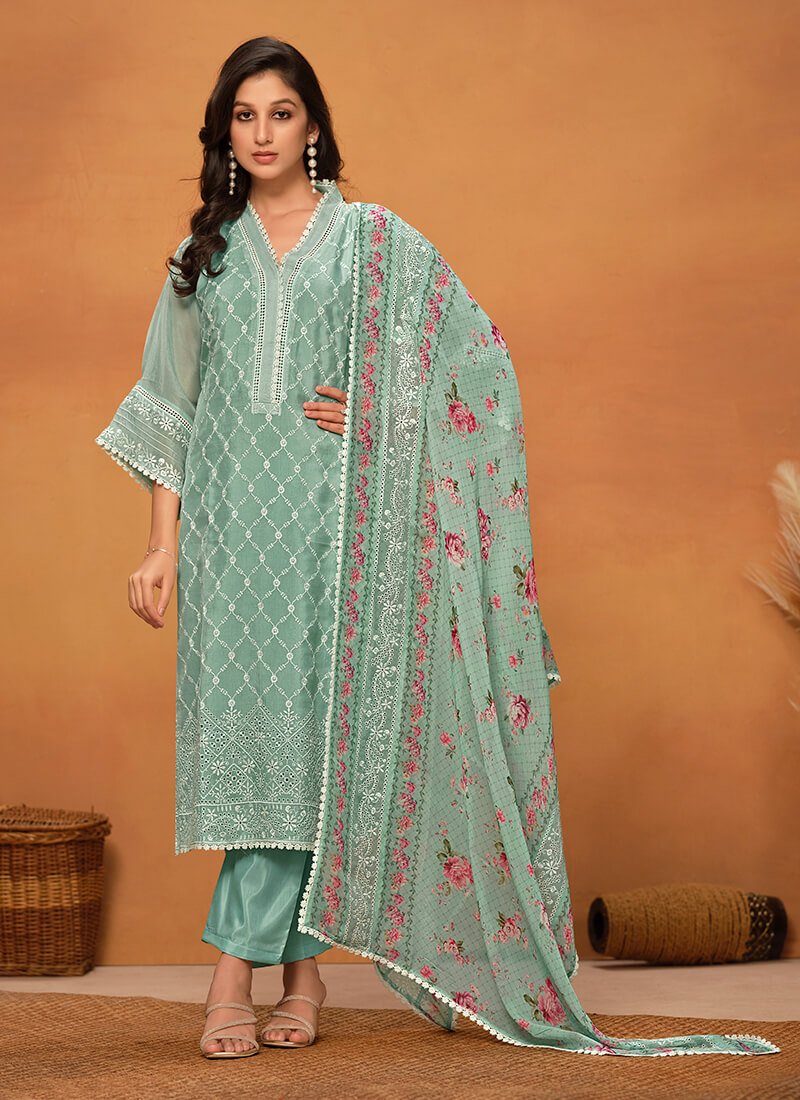 Sea Green Chikankari Viscose Organza Semi Stitched Salwar Kameez Set