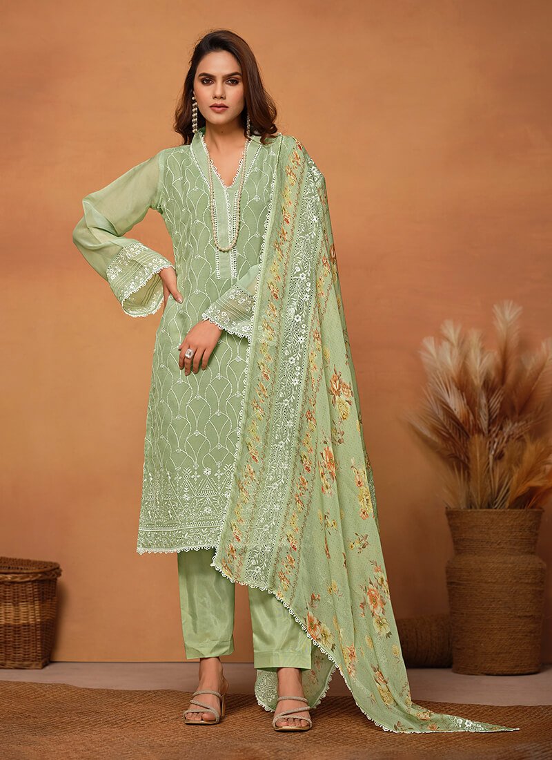 Sea Green Chikankari Viscose Organza Semi Stitched Salwar Kameez Set