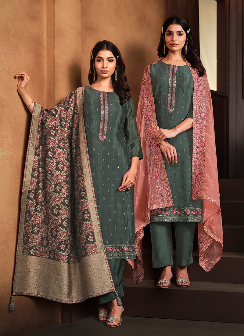 Sea Green Embroidered Chinnon Semi Stitched Salwar Kameez Set With Double Dupatta