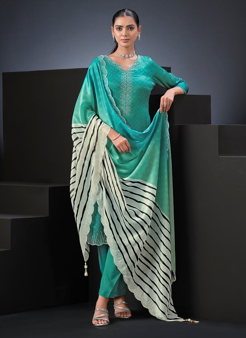 Sea Green Satin Semi Stitched Salwar Kameez Set