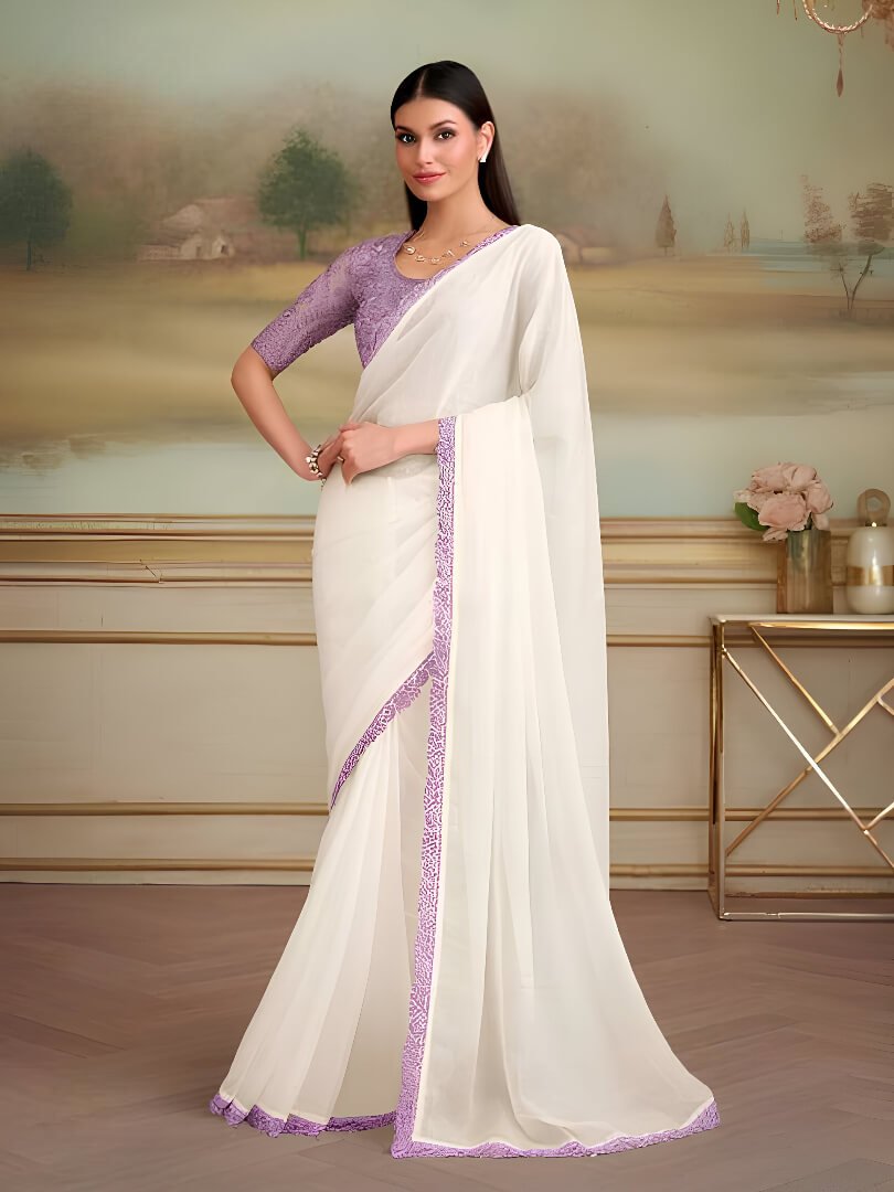 White Georgette Saree With Contrast Blouse