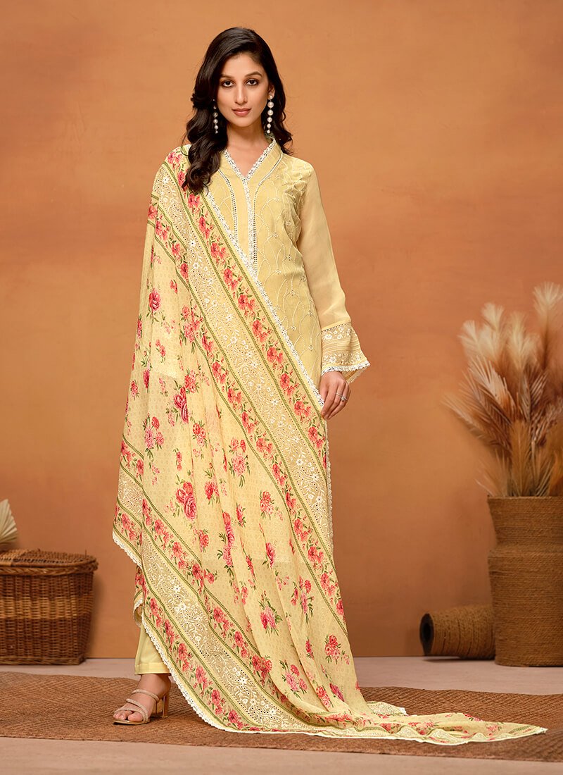 Yellow Chikankari Viscose Organza Semi Stitched Salwar Kameez Set