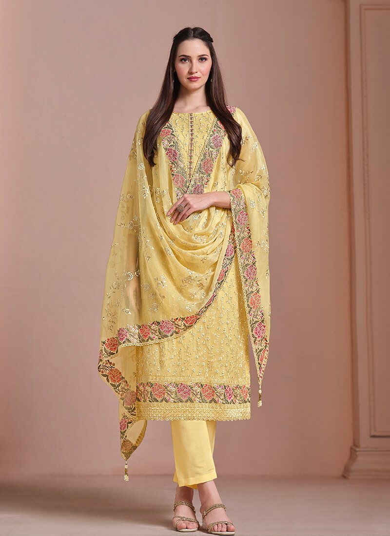 Yellow Embroidered Chiffon Semi Stitched Salwar Kameez Set