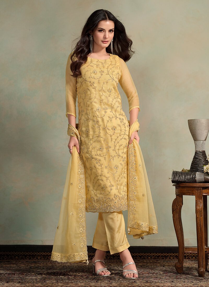 Yellow Embroidered Organza Chiffon Semi Stitched Salwar Kameez Set