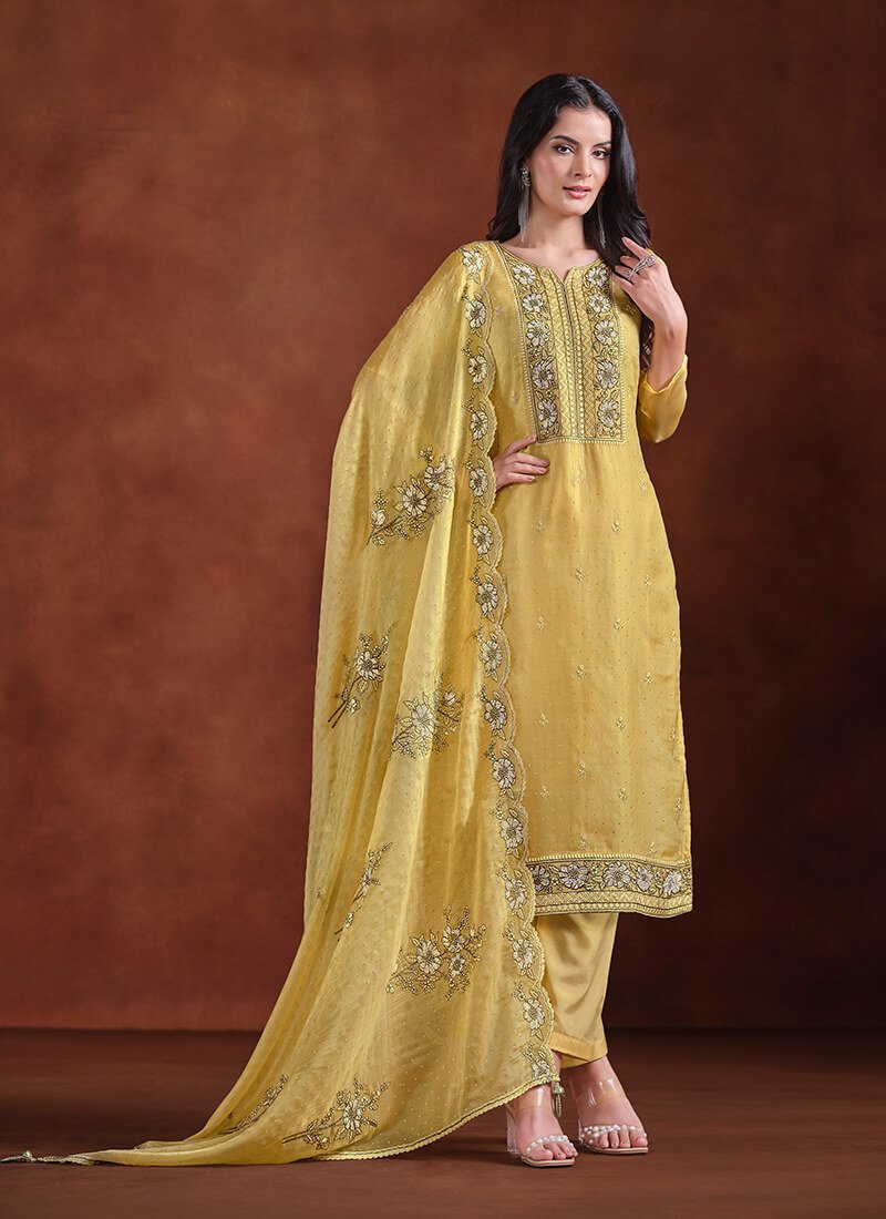 Yellow Embroidered Organza Semi Stitched Salwar Kameez Set