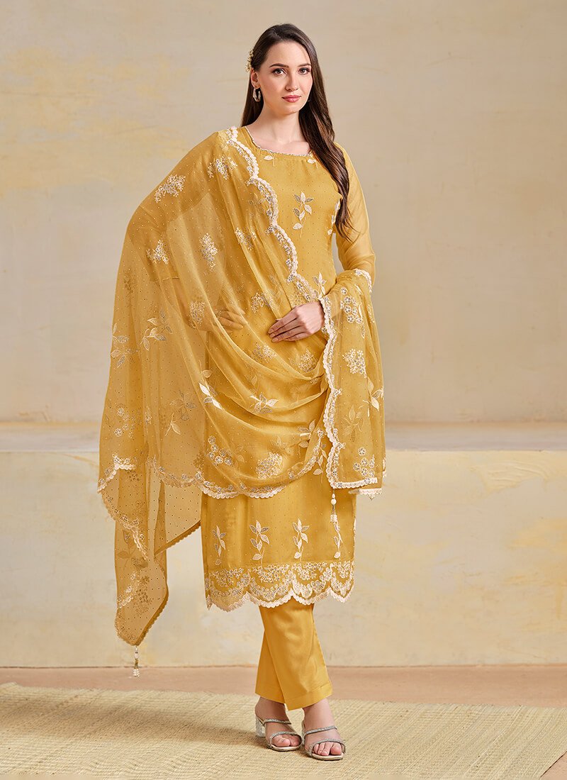 Yellow Embroidered Organza Chiffon Semi Stitched Salwar Kameez Set