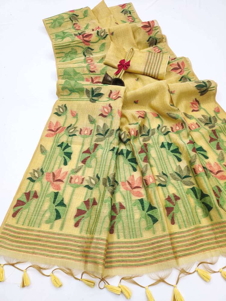 Yellow Muga Cotton Saree With Matching Blouse